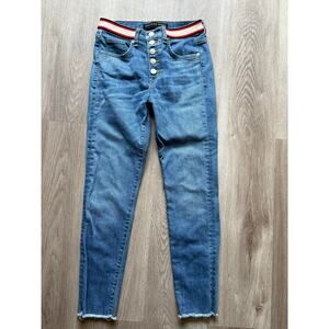 Veronica Beard Jeans, size 25/0, denim w/ red white & blue band at waist, skinny